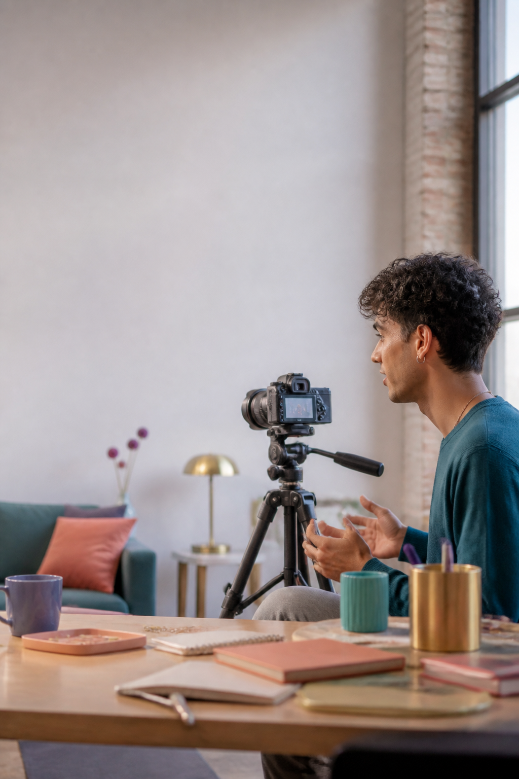 A creator filming in a home studio