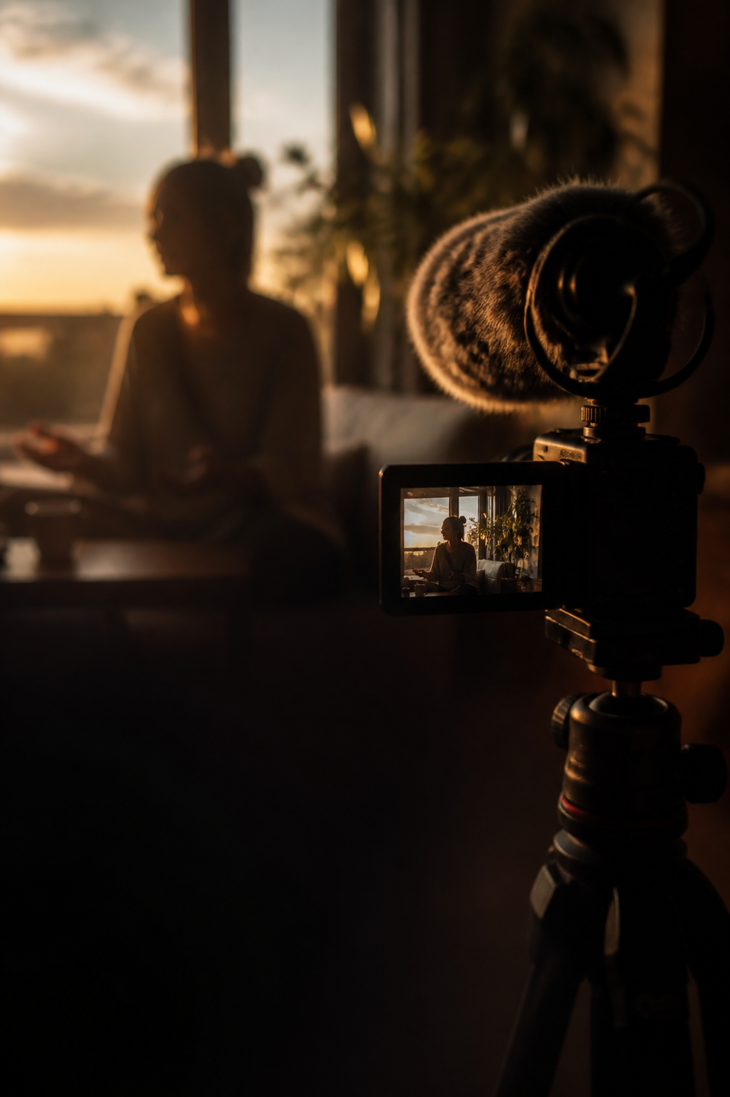 A video camera and microphone in a warm, dark creator studio